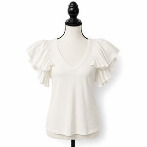 Pomander Place Tory Flutter Sleeve Top Womens XS White V-Neck Grandmillennial